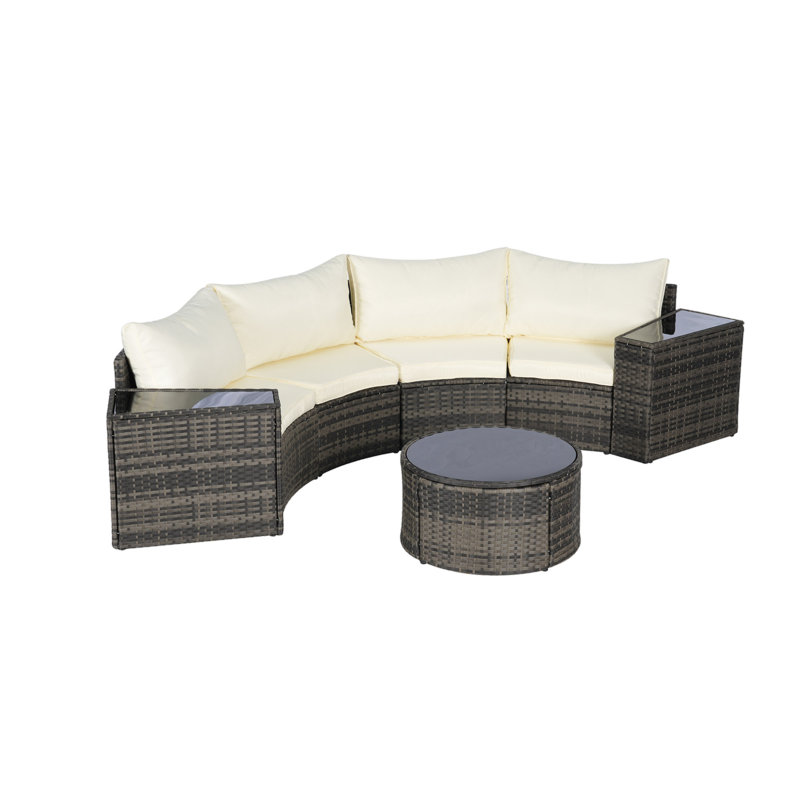 Ensemble de canapé modulaire d'extérieur demi-lune 7 pièces avec table basse ronde en verre trempé, Beige