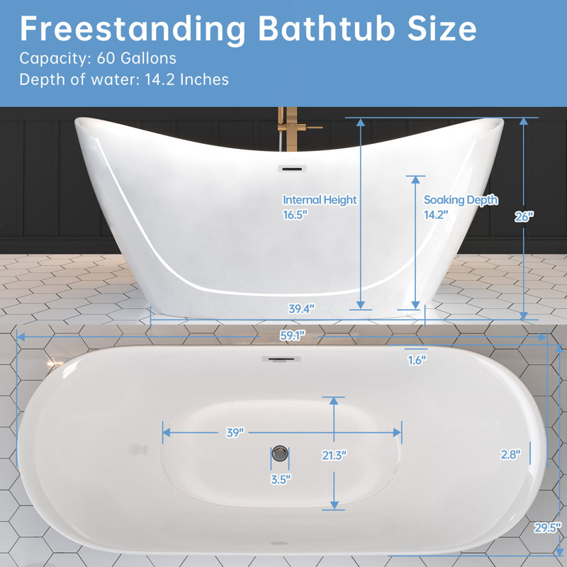 59" Freestanding Acrylic Soaking Bathtub, Glossy White with Drain, Modern Stand-Alone Tub, 26" H x 29.5" W x 59.1" L