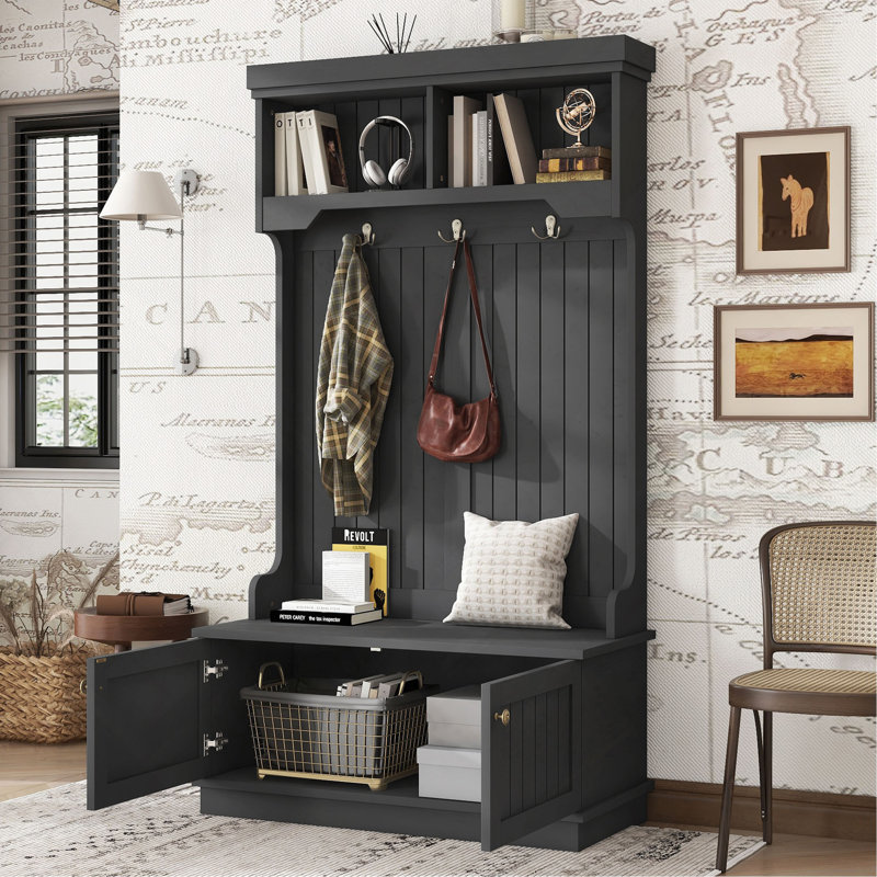 Hall Tree With Storage Shoe Bench For Entryway And Hallway, 4-In-1 Design Coat Racks With Hooks For Living Room, Black