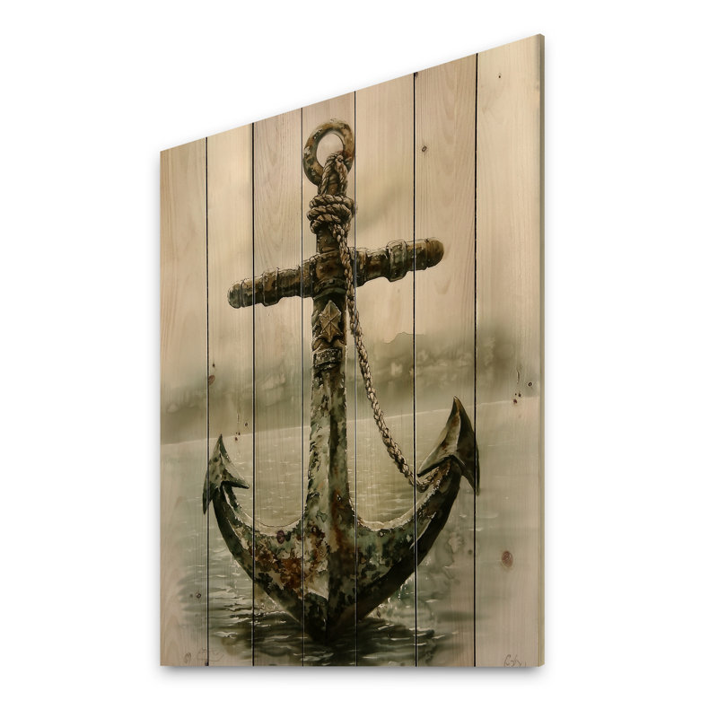 «Pirate Anchor In The Fog III» - Décoration murale en bois côtier sur bois de pin naturel, H 32 po x l 24 po