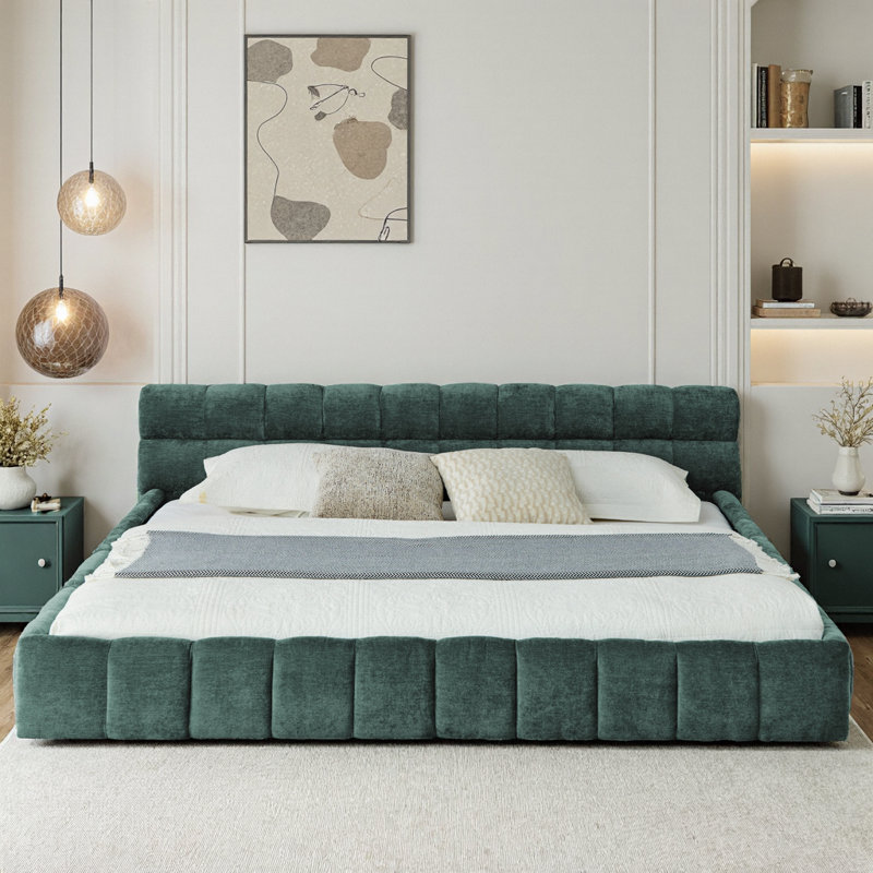 Élégante base de lit tapissier très grand avec tissu chenille - lit plateforme moderne, aucun sommier nécessaire, vert et bleu