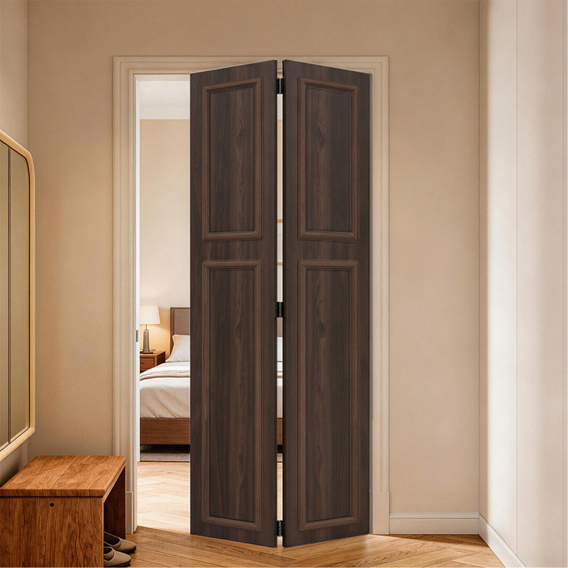 18 Series 76 po x 78 po Porte pliante en panneau de fibres à densité moyenne à 2 panneaux de 3/4 couleur noyer avec quincaillerie 3/4 po