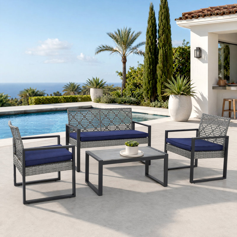 Ensemble de mobilier de patio 4 pièces avec table basse et coussin de siège, Gris