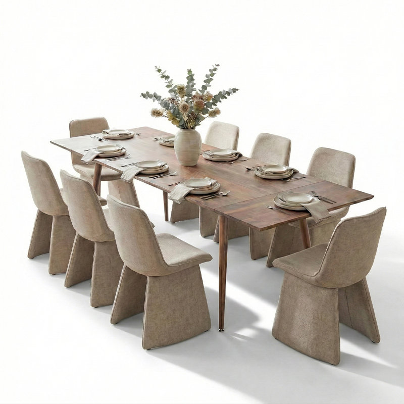 9-Piece Rectangular Extendable Dining Set With Linen  Chairs, Khaki