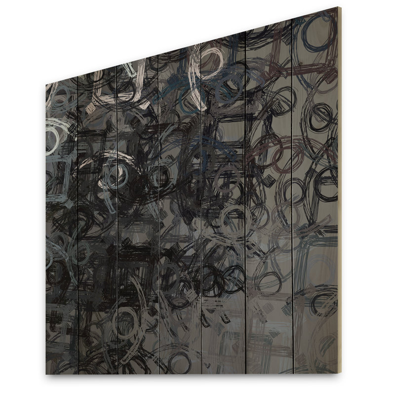 Art en cercle noir et gris - peinture sur bois sans cadre, H 36 po x l 36 po x P 1 po