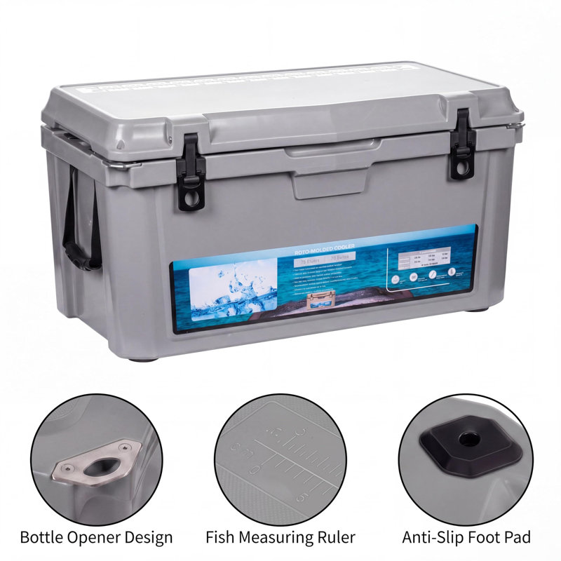 Glacière de camping isotherme extra-épaisse 75 pte - Grande glacière portable qui garde la glace jusqu'à 7 jours - Sangle et poignée - Pour la nourriture, les boissons, la plage, le pique-nique, la pêche, le bateau - Gris
