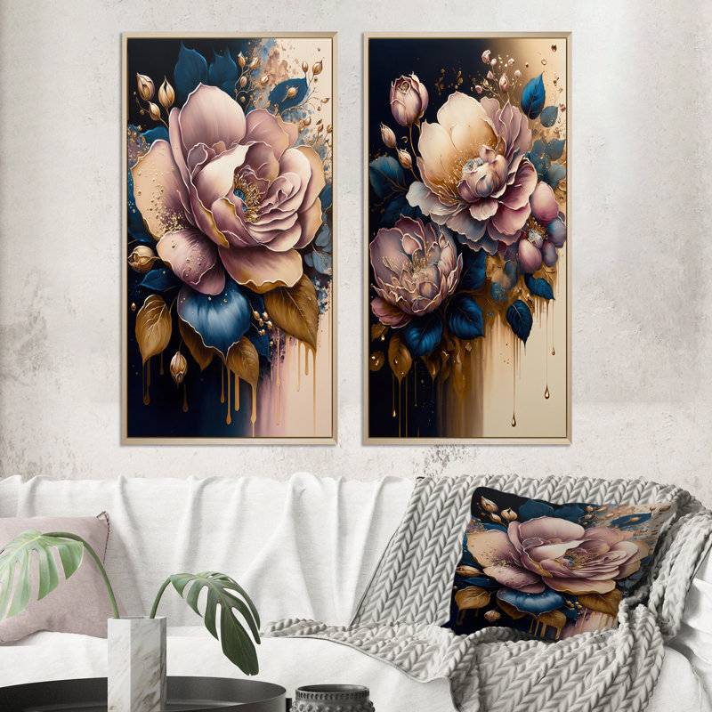 «Decadent Pink and Blue Roses», 2 pièces sur toile, Encadrement brun, H 40 po x l 40 po