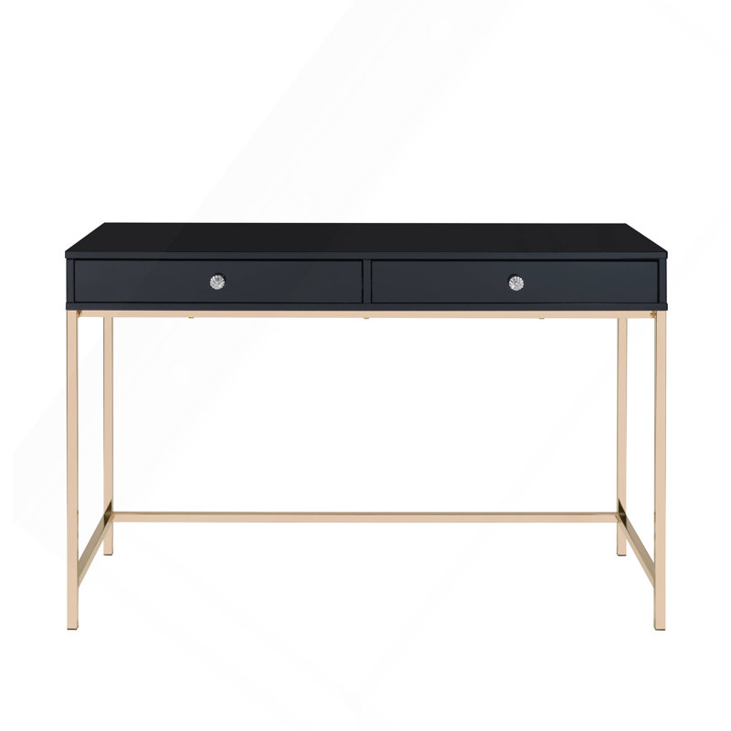 Bureau d'écriture 2 tiroirs noir ultrabrillant et doré