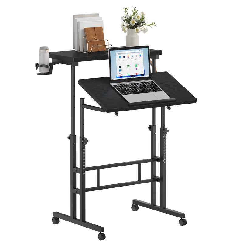 Mobile Height-Adjustable Standing Laptop Table with Tiltable Tabletop, Black/Black
