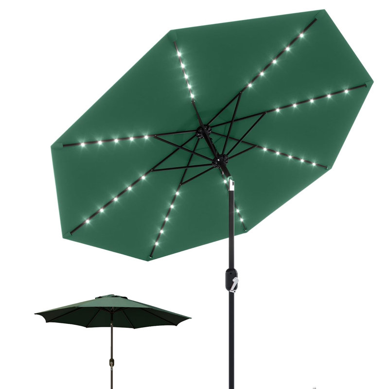 Parasol de patio extérieur 10 pi avec 8 nervures robustes avec boutons inclinables et lumières DEL solaires, Vert