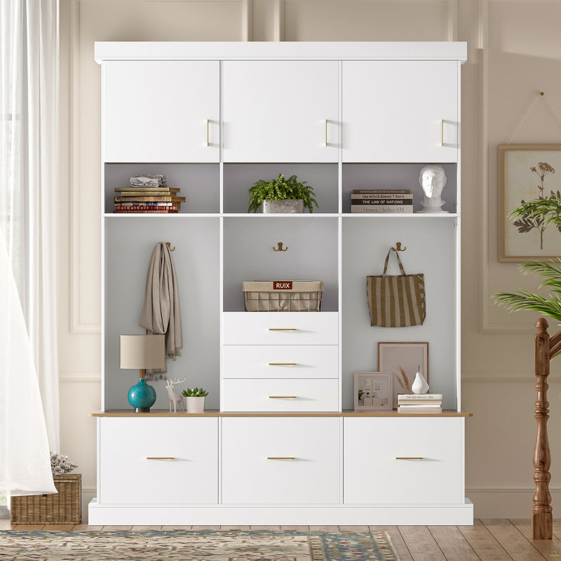 Arbre d'entrée U-Can 75 po avec banc et rangement, portemanteau moderne 5-en-1 avec portemanteau, 6 tiroirs, 3 armoires et rangement supérieur à 3 niveaux pour le couloir, l'entrée, le salon et le vestibule