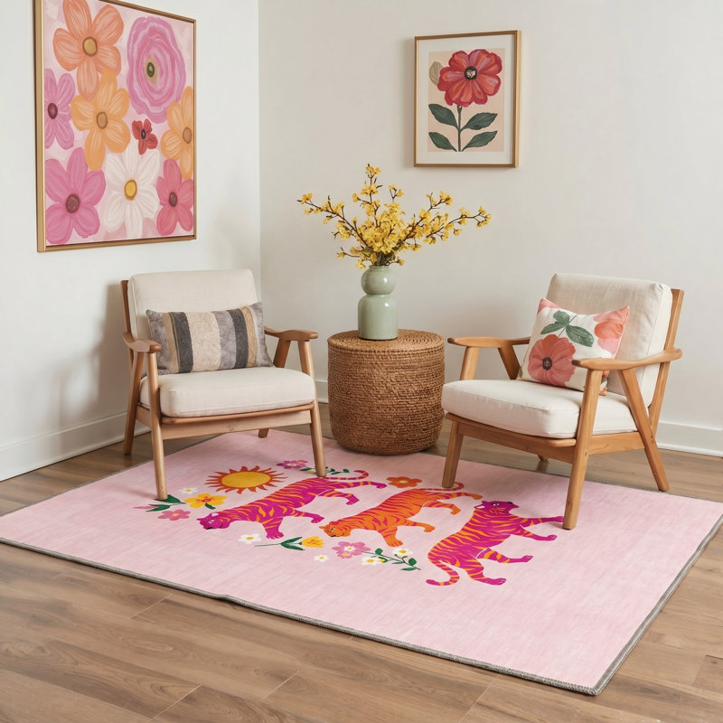 Tashianna Floral Machine Washable Pink / Red / Yellow Indoor Area Rug with Non-Slip Backing, Rectangle 6' x 9'