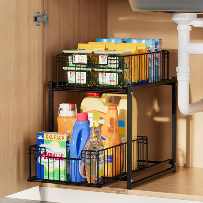Sliding 2-Tier Cabinet Organizer With Rust-Proof Shelves - Under Sink, Kitchen, Bathroom Storage