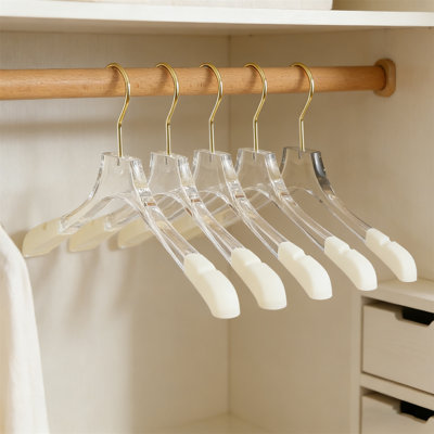 12 Pack Acrylic Hangers 15 Inch – Gold Wide Shoulder Acrylic Hangers With Gold Hooks, Premium Crystal Non-Slip Hangers, Acrylic Suit Hangers