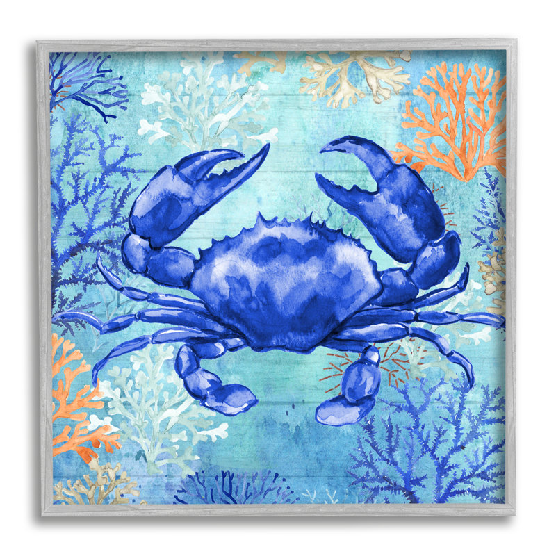 Crabe bleu avec art de la giclée encadrée de corail par Levison Design, H 24 po x l 24 po x P 1,5 po