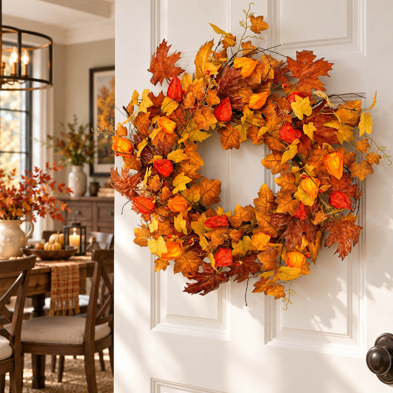 Couronne d'automne artificielle en feuilles d'érable de 56 cm (22 po) pour porte d'entrée