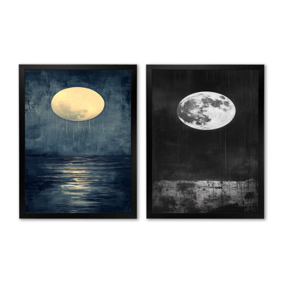 Lune jaune sur un lac aux eaux vives - Ensemble de 2 impressions sur toile encadrées avec la lune