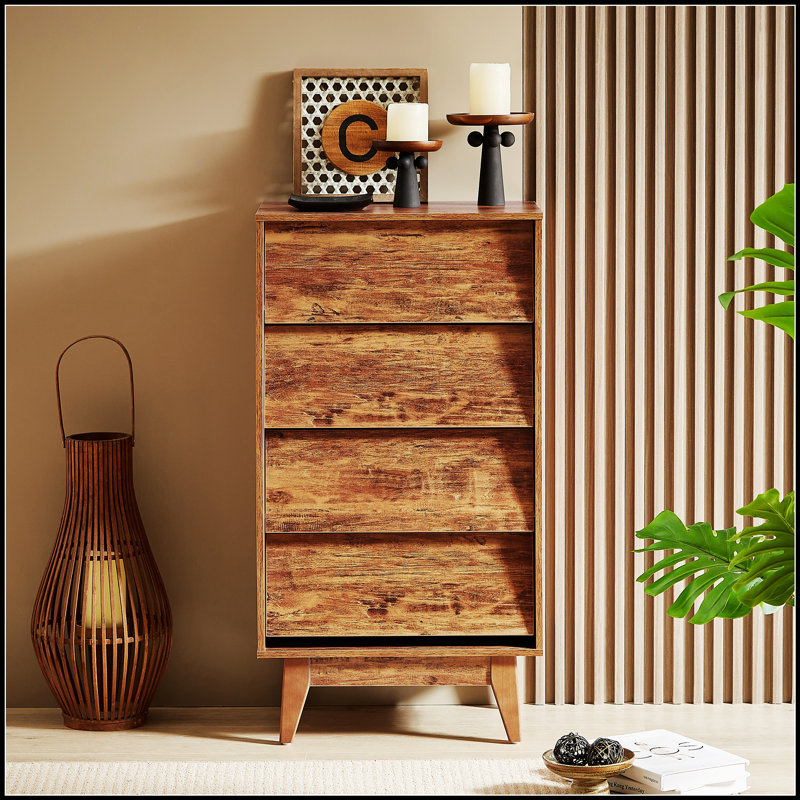Commode double à 4 tiroirs de style rétro avec design biseauté pour un rangement spacieux et une esthétique élégante, Brun