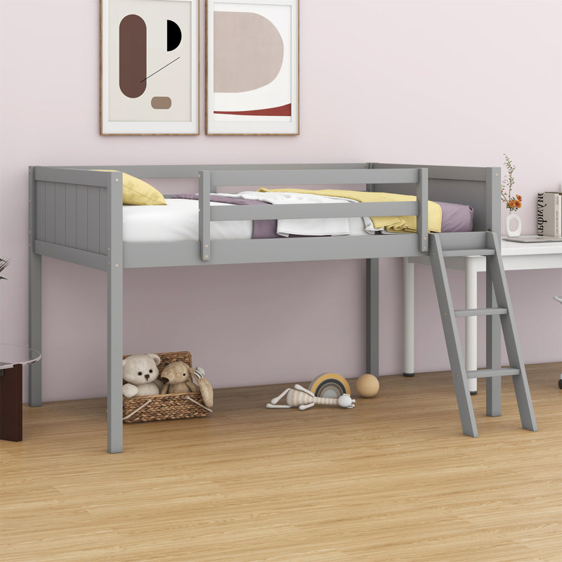 Lit mezzanine bas en bois avec échelle, l'échelle peut être placée à gauche ou à droite, Gris