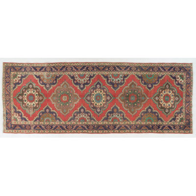 Tapis de couloir rétro rouge et indigo fait à la main Oushak