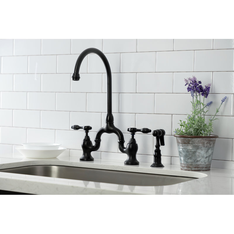 Kingston Brass Tudor Two-Handle 3-Hole Deck Mount Bridge Kitchen Faucet with Brass Side Sprayer, Matte Black