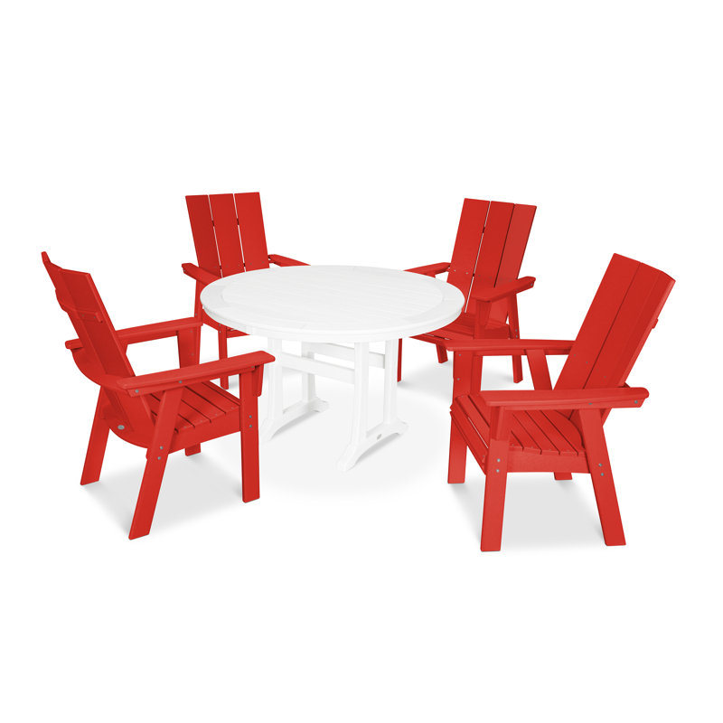 Ensemble repas 5 pièces POLYWOOD Modern Curveback Adirondack, Rouge coucher de soleil / blanc