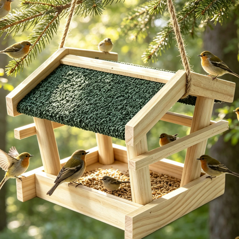 Wooden Hanging Bird Feeder Table with Roof Outdoor Wild Bird Feeding Station Rope Hanging Seed Tray for Garden Trees Patio Balcony Small Birds