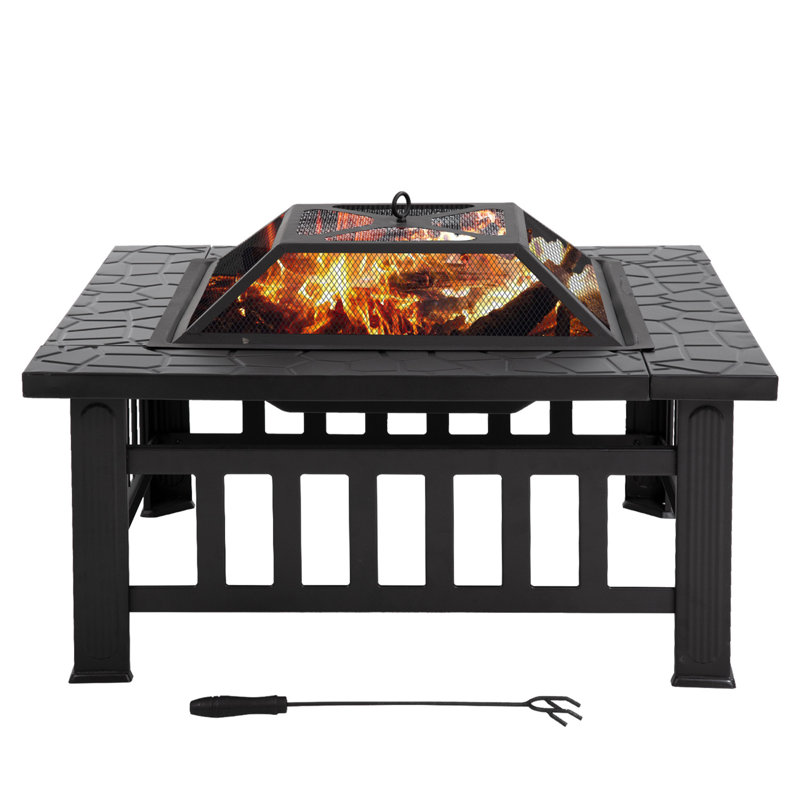 Fire Pit 32 Inch Square Metal Firepit Stove Portable Patio Garden Fireplace Multifunction Outdoor Fire Pit Table for Camping Heating Bonfire Picnic