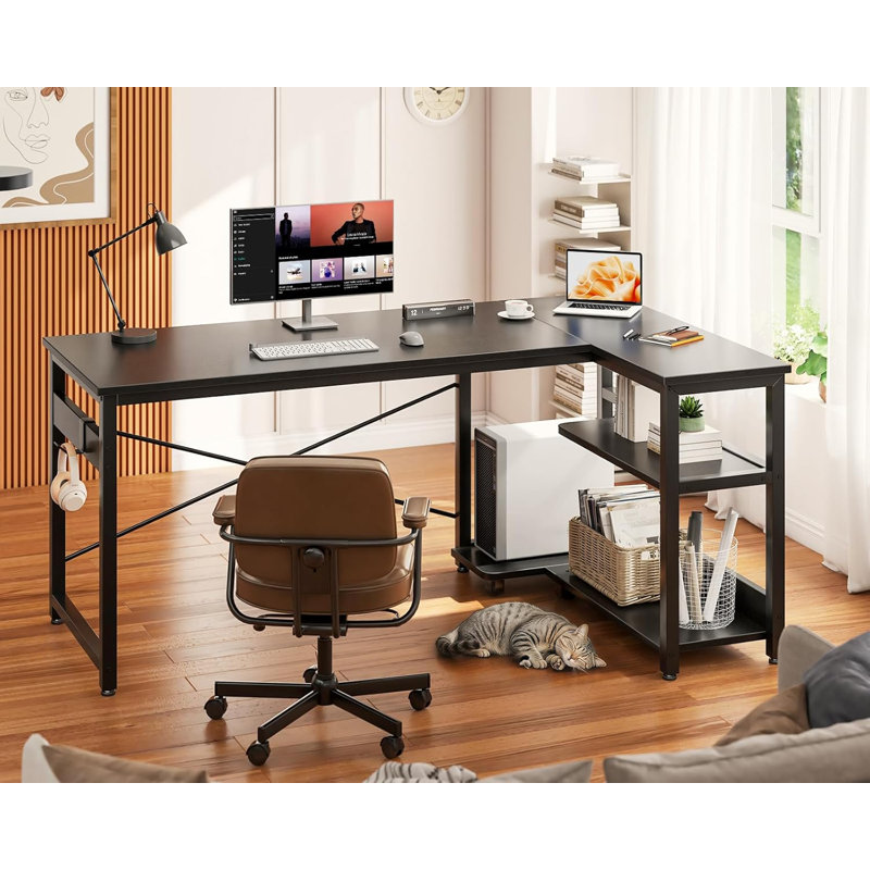 Bureau en forme de L avec tablettes de rangement réversibles, bureau d'ordinateur de coin de 47 pouces pour le bureau à domicile, le bureau ou les jeux, structure en métal robuste, assemblage facile