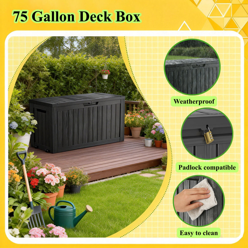 75 Gallon Outdoor Deck Box, Weather-Resistant Resin Storage Box with Lockable Design, Built-in Handles & Rollers for Patio Cushions, Garden Tools & Pool Supplies