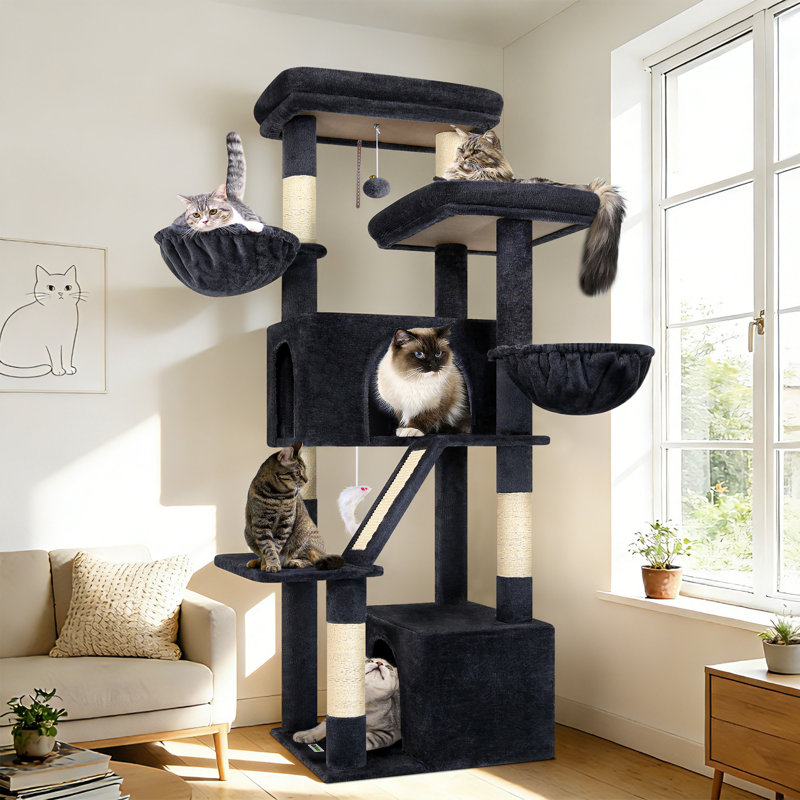 Arbre à chat de 69 pouces, pouvant accueillir 4 chats de taille moyenne ou plus, tour de chat intérieure avec 2 condos et 2 paniers, équipé de poteaux à griffer en sisal, tissu moelleux doux pour grimper et se reposer, facile à assembler.