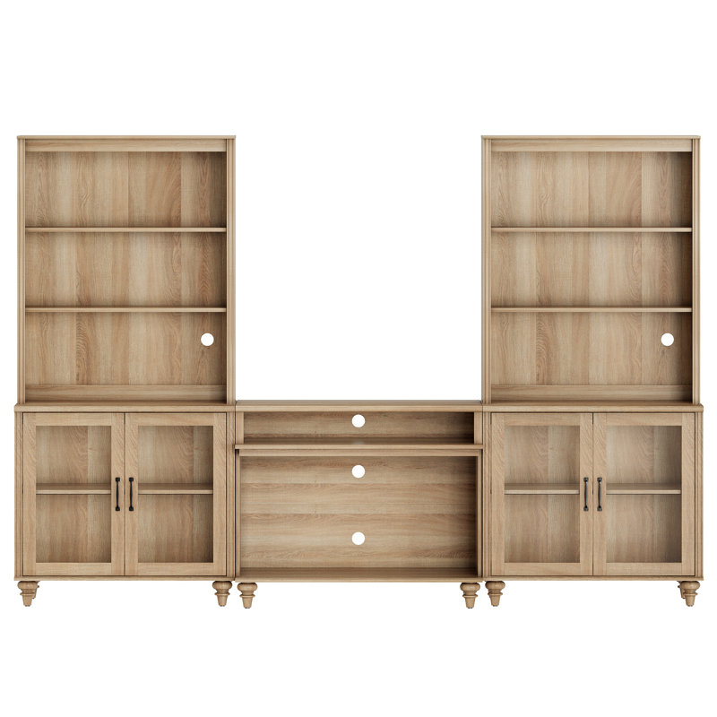 Sideboard Cabinet With Bar Hutch, Vintage Wood Grain Design, Buffet Cabinet With Glass Doors And Open Shelves, Oak, 105 Inch