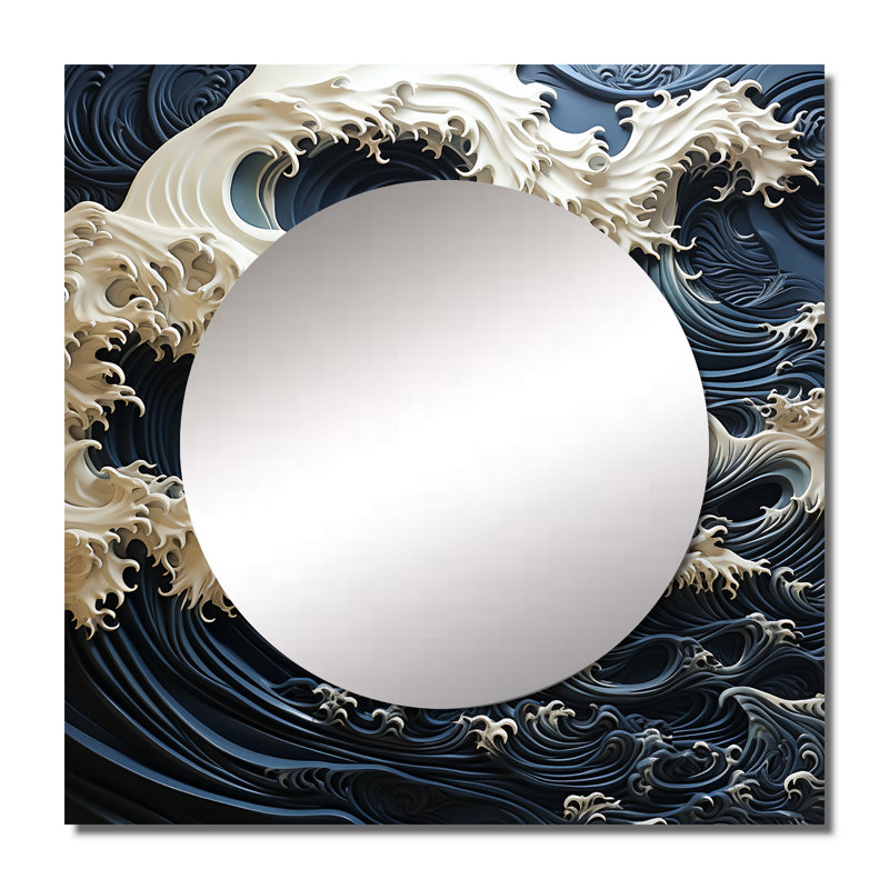 Bernetha - Abstrait bleu et blanc océan tempête côtière miroir carré pour décoration murale, 36 po x 36 po