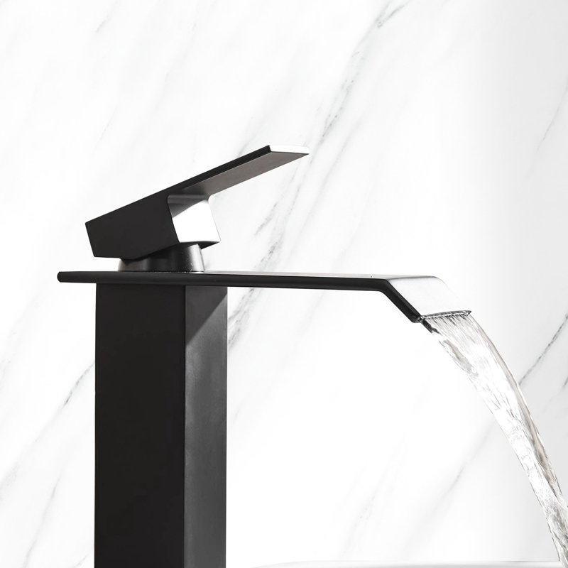 Matte Black Bathroom Faucet - Waterfall Spout, Single Lever Handle, Adjustable Temp, Modern Style Spout Lavatory Tap Black, Temperature, Look