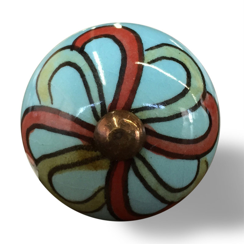 Ensemble de douze poignées de tiroir géométriques en céramique turquoise et rouge