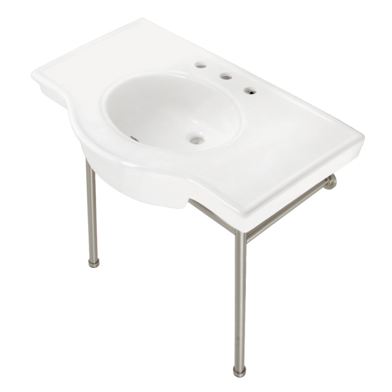 Kingston Brass Manchester 37-Inch Ceramic Console Sink with Stainless Steel Legs (8-Inch, 3-Hole), White/Brushed Nickel