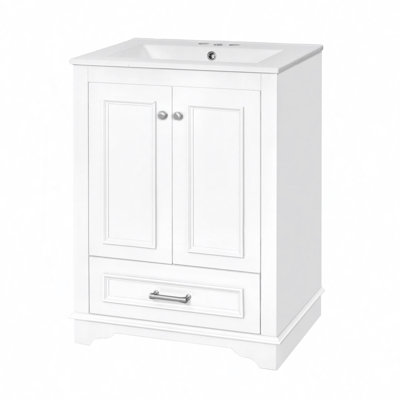 Meuble-lavabo de salle de bain avec lavabo en céramique, armoire de rangement autoportante moderne avec poignées argentées, portes à fermeture douce
