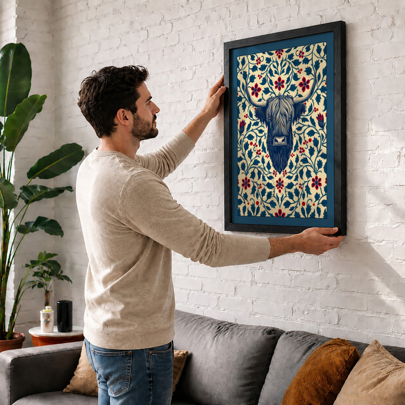 Highland Cattle Folk Art Boho - Framed Print, A4 - 29.7 x 21.0 cm, Walnut
