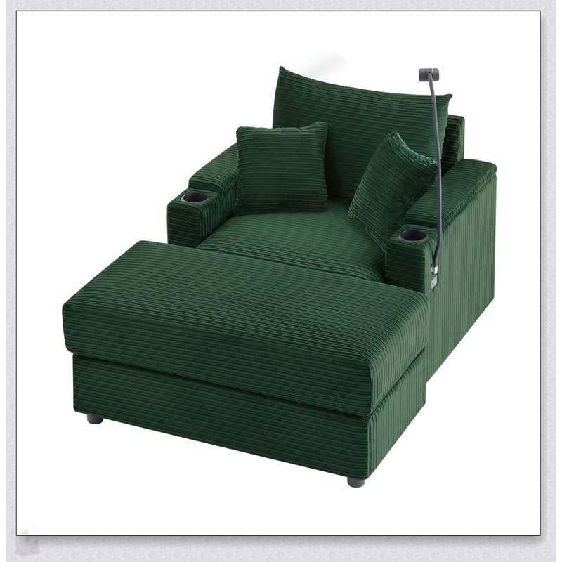 Single Sofa with Storage Ottoman & USB Ports – 2 Cup Holders, Phone Holder, Corduroy Upholstery, Green