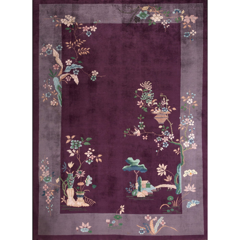 Antique Floral Wool Hand Knotted Pile Purple / Lavender Mauve 1920s Rug
