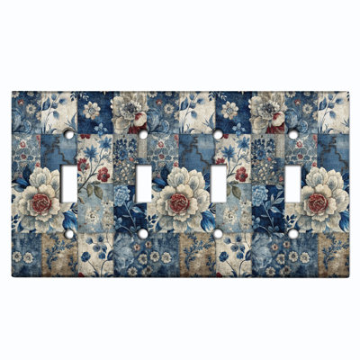 Metal Light Switch Plate Cover; US Standard Size 4 Gang Toggle - Floral Tile Pattern