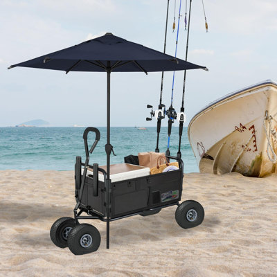 Fishing Cart Beach Cart Collapsible Wagon w/11'' All-Terrain Wheels for Sand with Storage Pockets