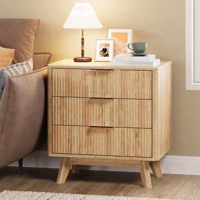 Nightstand, Wide Bedside Table with 3 Drawers and Charging Station, Mid Century Modern Wood Night Stand for Bedroom, End Table for Living Room
