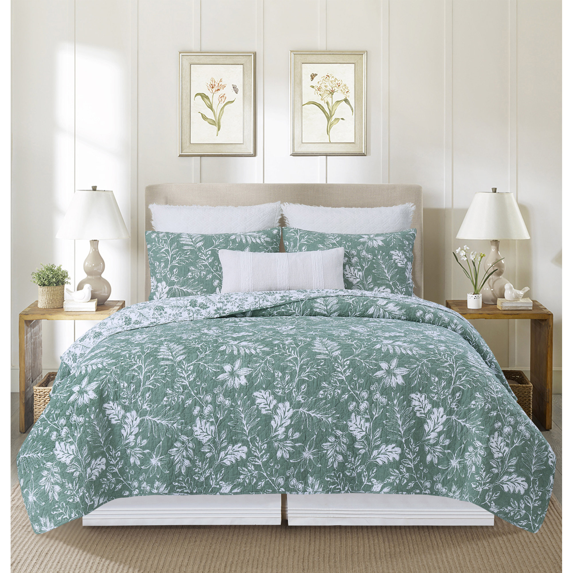 Everview Toile Cotton Quilt Bedding Set, Green, Queen Quilt + 2 Standard Shams