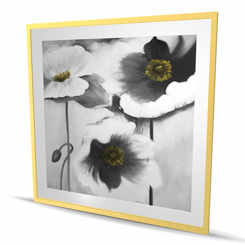 Fleurs noires et blanches | Reproduction encadrée matte pour la décoration intérieure, H 48 po x l 48 po, Doré