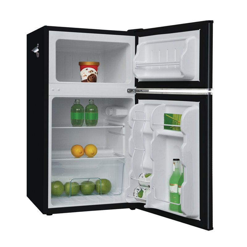 Compact Black Retro Freestanding Refrigerator-Freezer with Side Bottle Opener