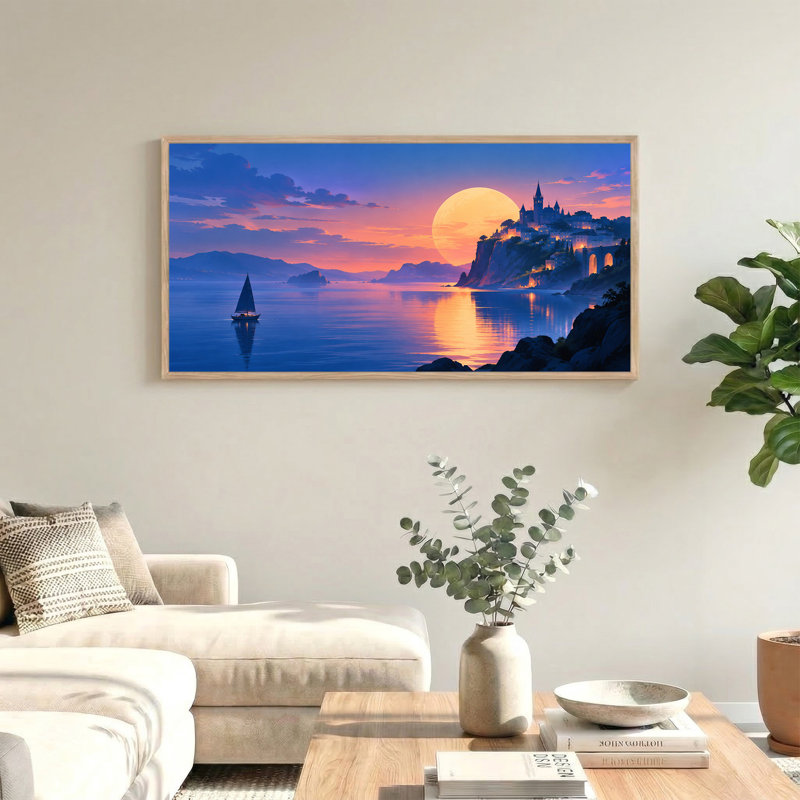 Tableau sur toile représentant un voilier et un château à flanc de falaise sous une lune jaune, 58“W x 28”H