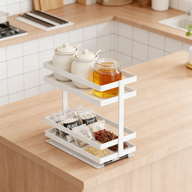 Étagère à épices escamotable pour armoire, tablette coulissante en métal robuste à 2 niveaux avec glissières à roulement à billes lisses, aucune installation de perçage, rangement vertical peu encombrant pour les armoires de cuisine