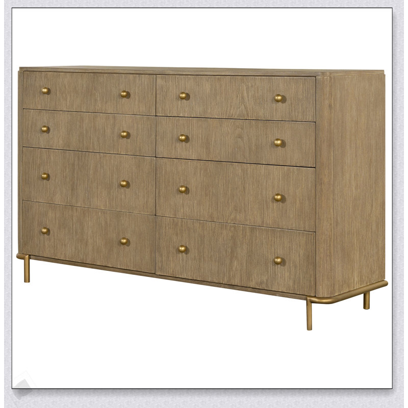 Commode rectangulaire à 8 tiroirs Stevie Sand Wash avec bases en laiton vieilli et tiroirs supérieurs doublés de feutre