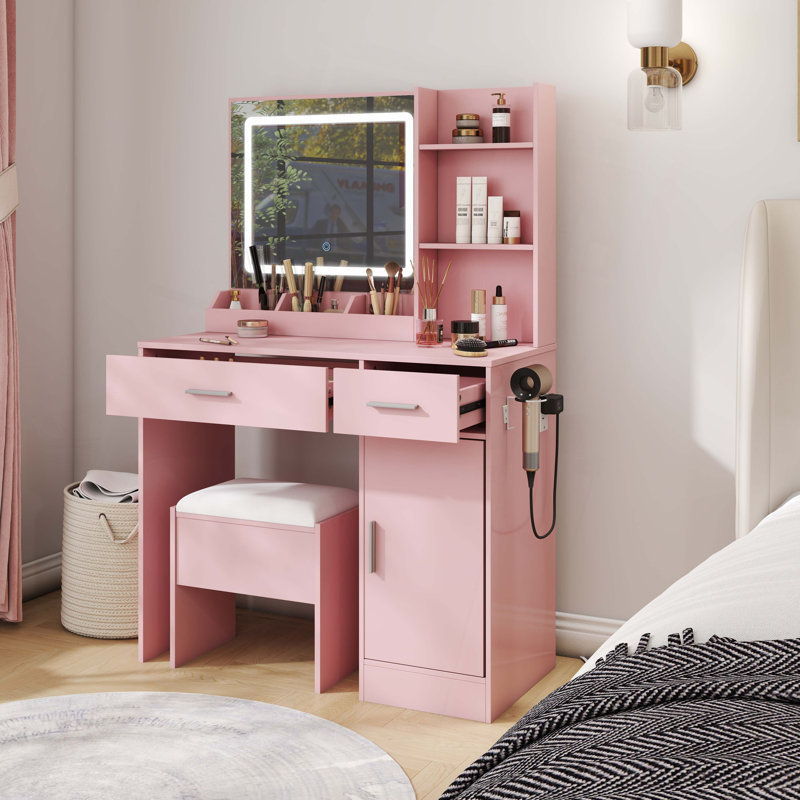 Ensemble de coiffeuse, bureau de coiffeuse avec tabouret, miroir lumineux à DEL et station de charge Lavin, Rose